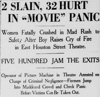 Headline about the Houston Hippodrome fire, New York Tribune, February 3, 1913, page 1.