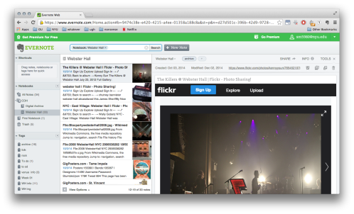 A screenshot of one of the many sections of my Evernote filled with concert pictures from Webster Hall.