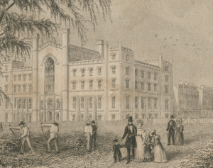 Detail from an engraving of the University Building by Robert Hishelwood, with 27 Washington Place visible behind it.